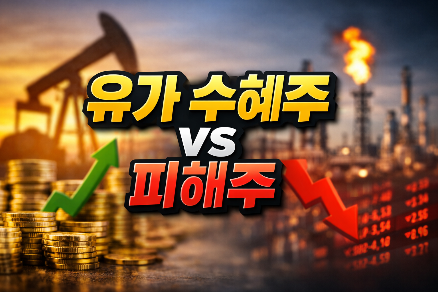 유가 상승 수혜주 vs 피해주 비교 개념 이미지 &ndash; 정유&middot;항공&middot;화학&middot;해운 업종 주식 영향 설명