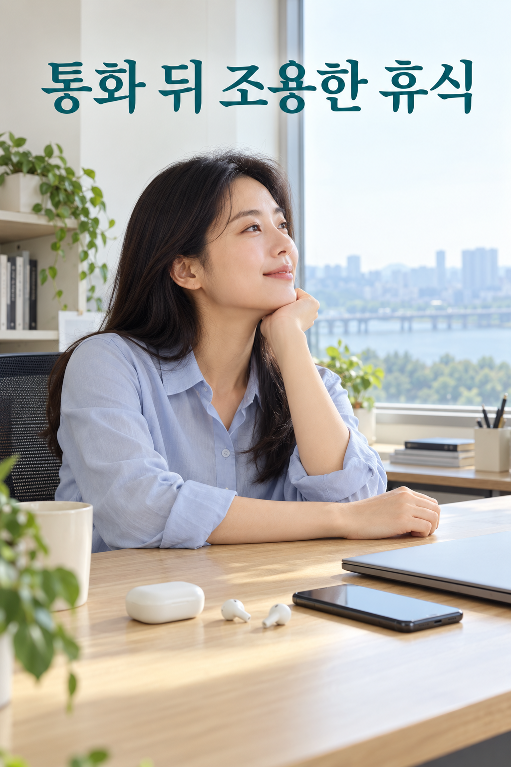 통화 뒤 이어폰을 벗어 책상에 두고 쉬는 성인
