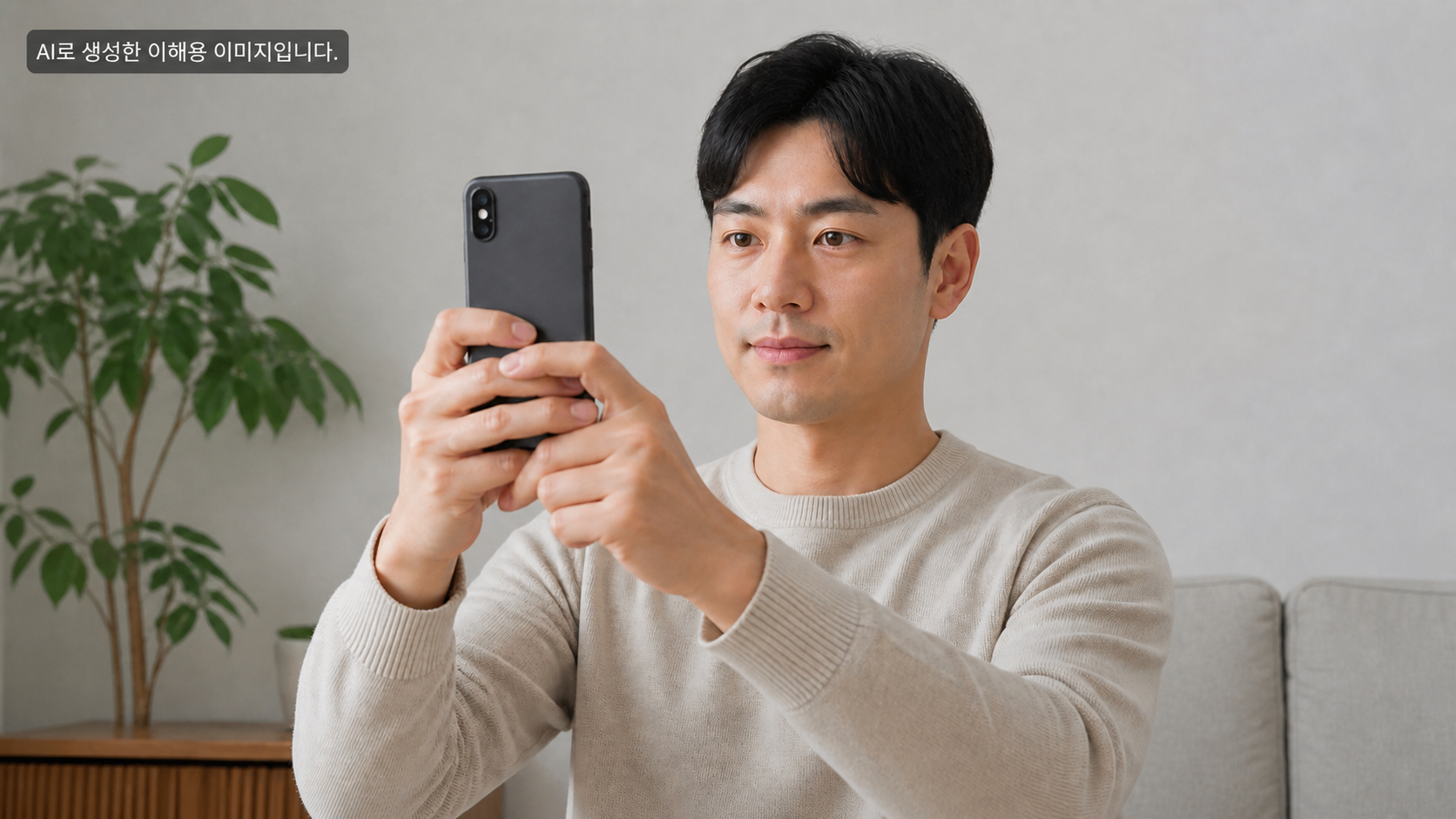 밝은 실내에서 스마트폰으로 얼굴 촬영을 진행하는 여행자