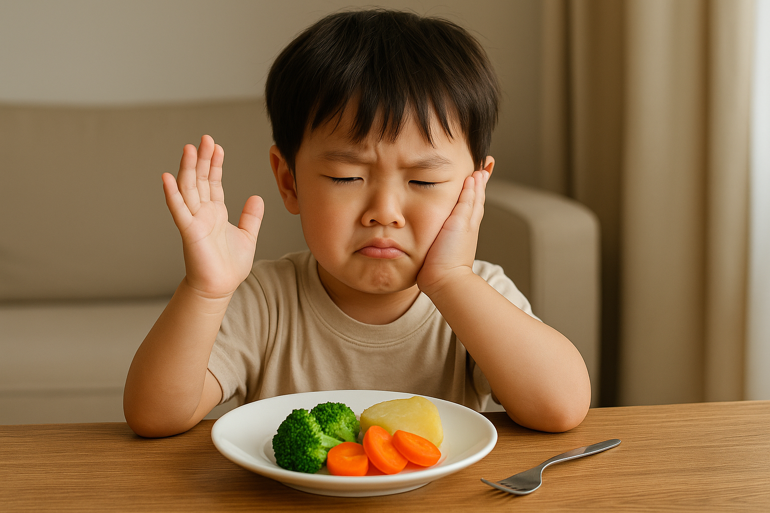 남자아이가 밥상 앞에서 채소 먹기 싫어하며 인상을 쓰고 있는 모습