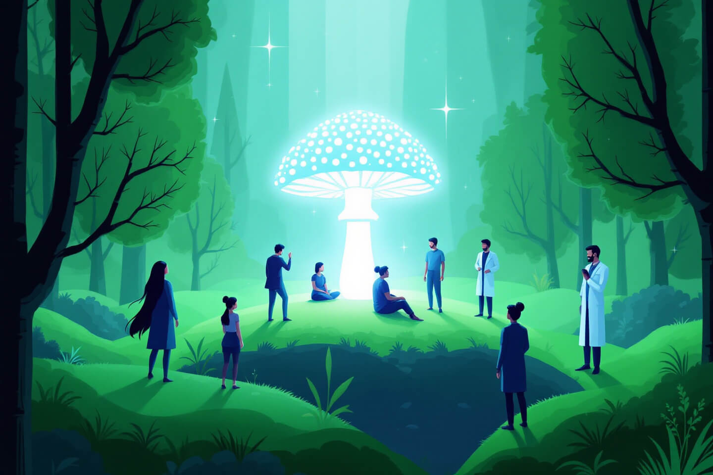 A glowing, futuristic mushroom surrounded by a group of scientists and individuals in a serene forest environment. The atmosphere is ethereal with soft green hues, representing the groundbreaking &quot;Oregon Psilocybin Program&quot; for mental health.