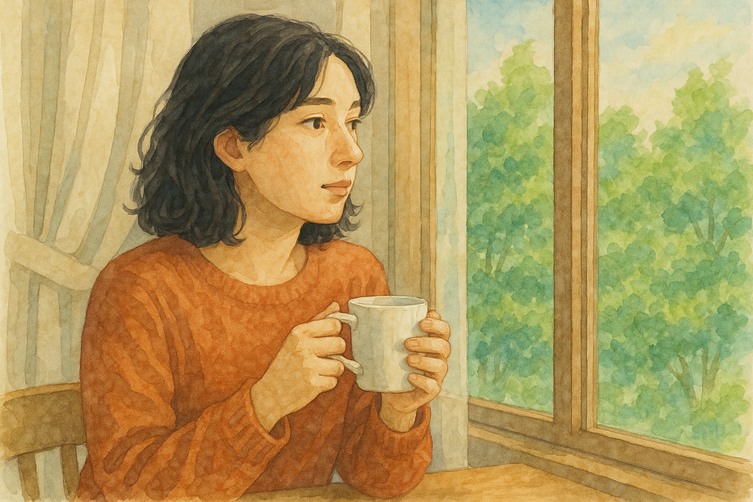 창밖을 바라보며 커피 한 잔