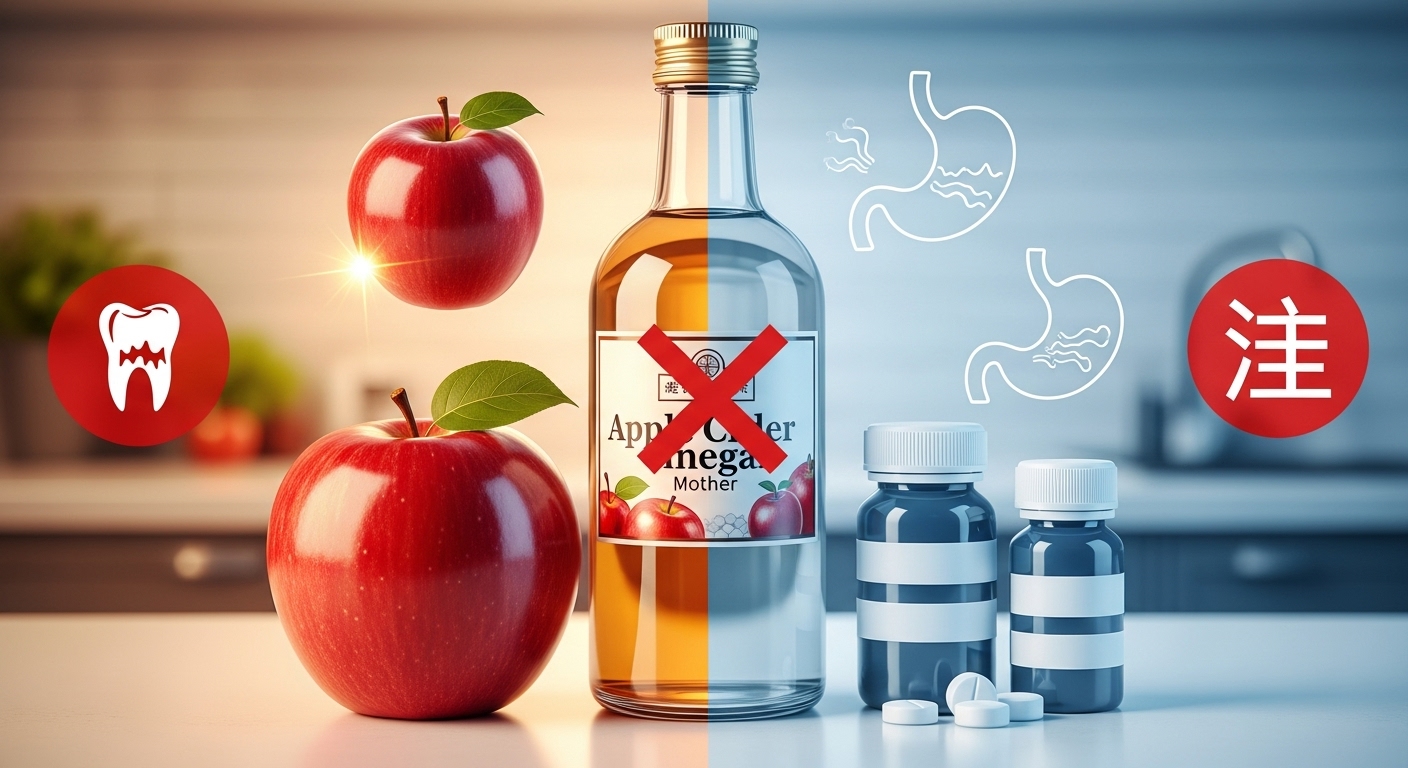 사과식초의 효능과 부작용을 대조적으로 보여주는 이미지. 건강한 사과식초와 함께 손상된 치아, 속 쓰림 아이콘 등이 경고 표시와 함께 대비되어 있습니