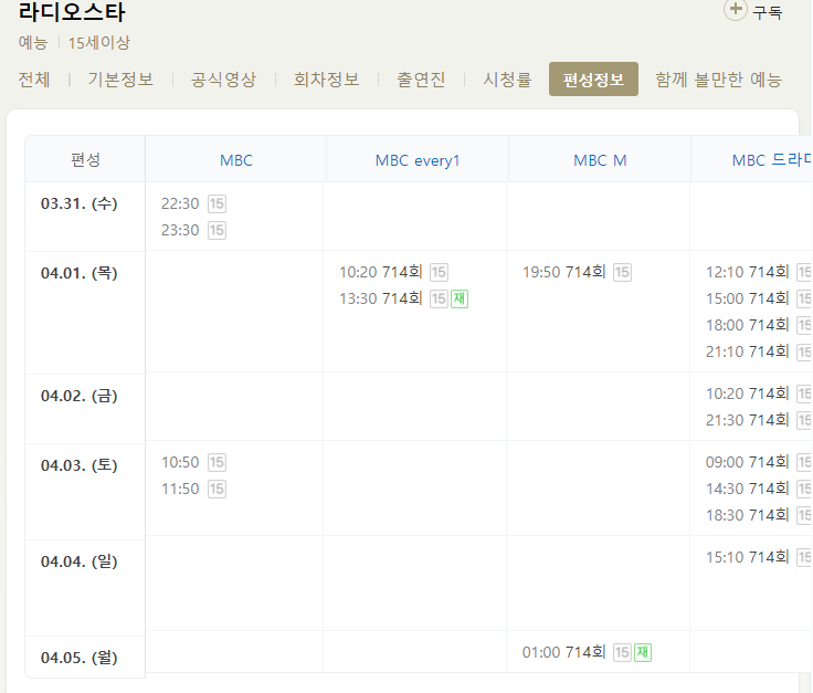 라디오스타 714회 재방송 다시보기 편성표 회차정보 MBC 예능 방송시간 날짜