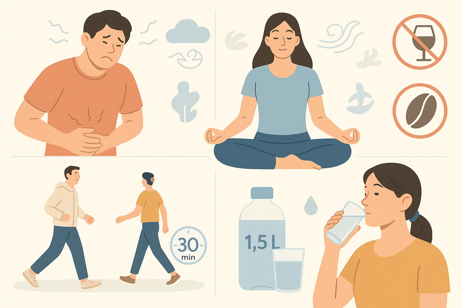 스트레스로 배를 움켜쥔 사람과 명상·요가·심호흡하는 사람 비교, 식후 천천히 걷는 사람, 하루 30분 유산소 운동 아이콘, 물을 마시는 모습과 하루 1.5L 수분 섭취 표시, 카페인·알코올 주의 아이콘