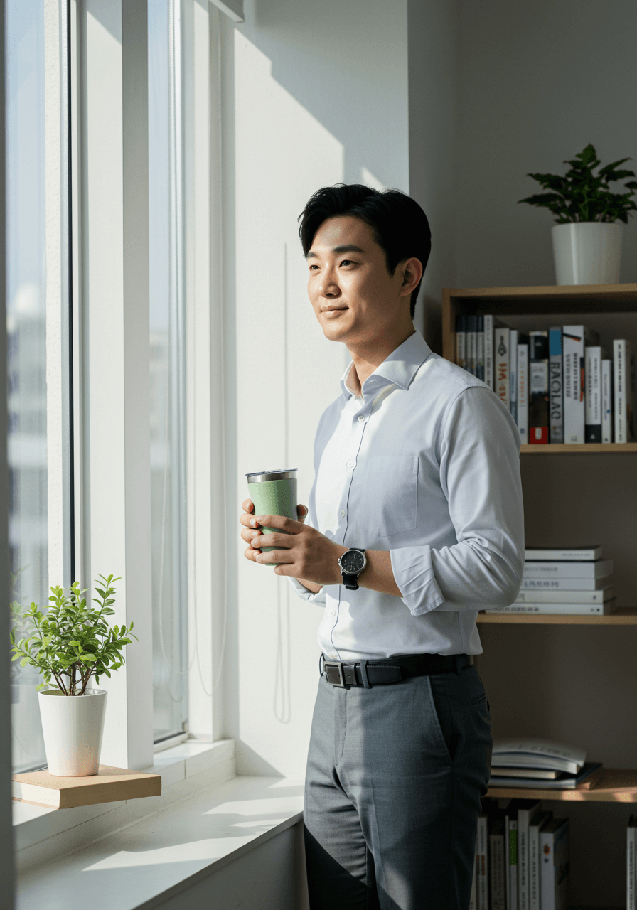 사무실 창가에서 텀블러를 들고 창밖을 바라보는 30대 한국인 직장인 남성