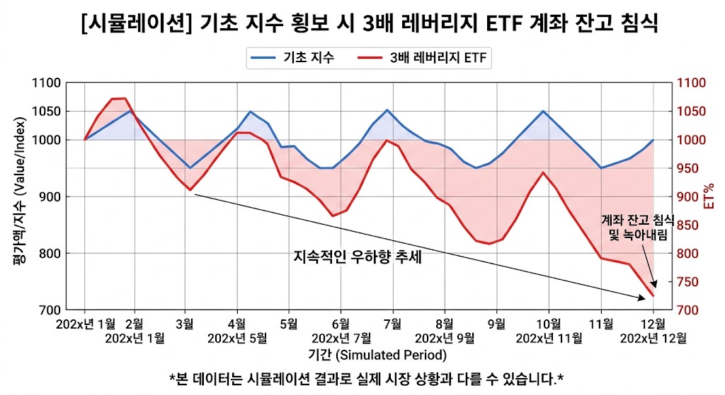기초 지수 횡보시 3배 레버리지 ETF의 계좌 잔고 침식표