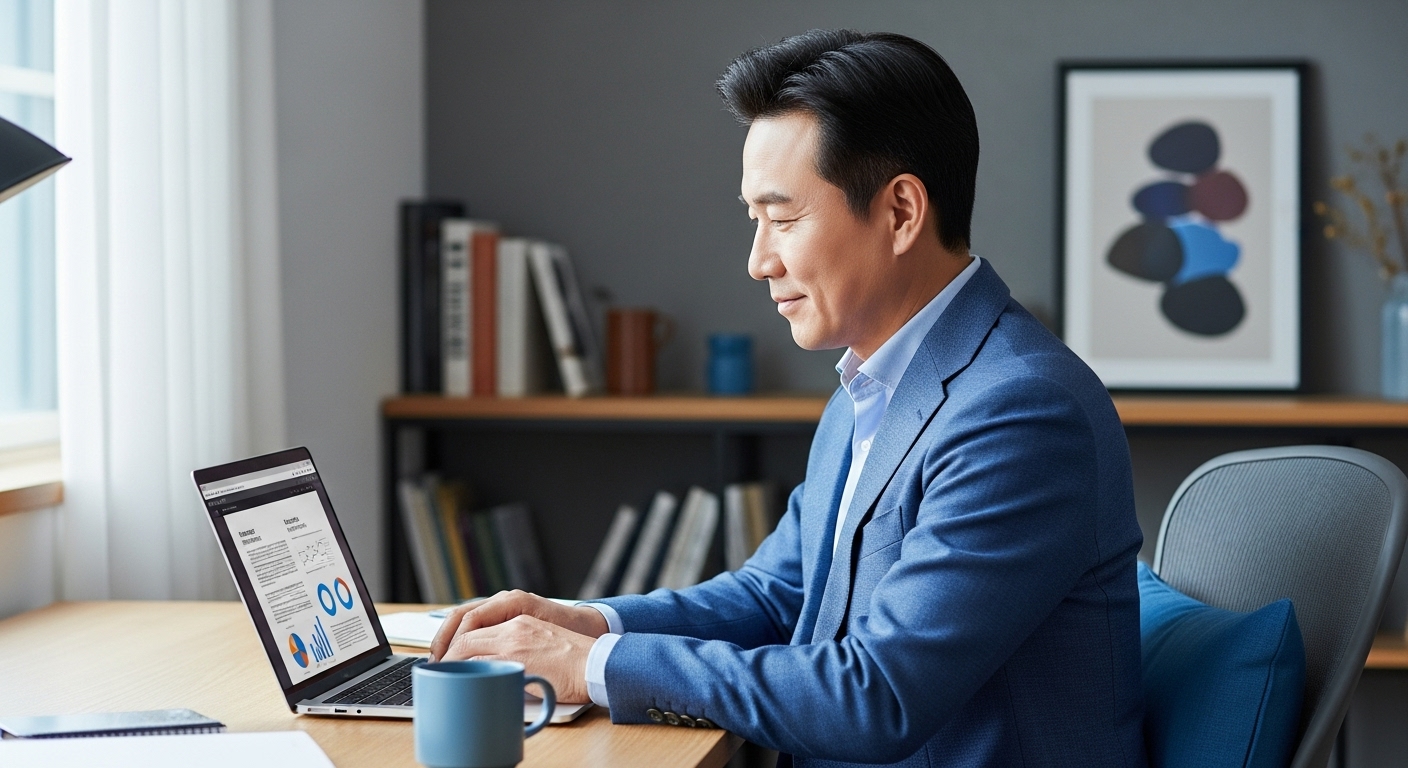 챗GPT를 활용해 문서를 작성하는 중년 남성. 효율적인 업무 처리를 돕는 AI의 모습.