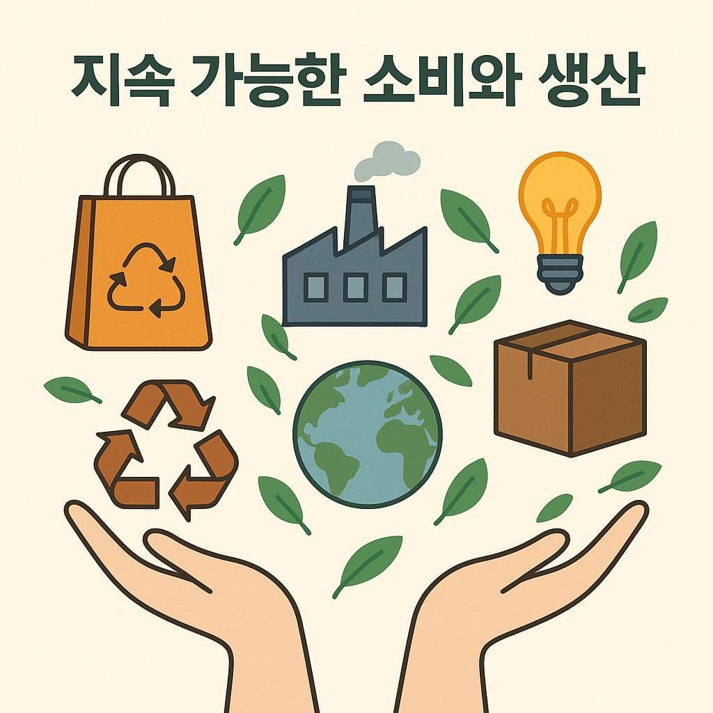지속 가능한 소비와 생산(SCP)을 주제로 한 평면 스타일 일러스트. 왼쪽에는 재활용, 재사용, 친환경 제품 소비 등을 상징하는 아이콘들이 배치되어 있고, 오른쪽에는 사람들이 리필 스테이션, 제로 마켓, 친환경 마트에서 행동하는 모습이 묘사되어 있다. 전체적으로 깔끔한 색조와 아이소메트릭 구조로 구성되어 있어 정보를 시각적으로 쉽게 전달한다