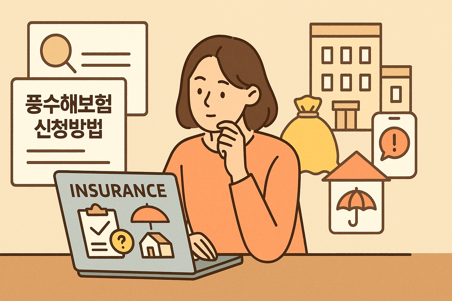 풍수해보험과 지자체 침수 예방 지원 정보를 확인하는 여성 일러스트