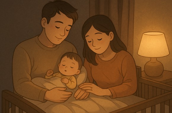 늦은 밤 조용한 방 안에서 아기를 재우는 부모의 따뜻한 모습