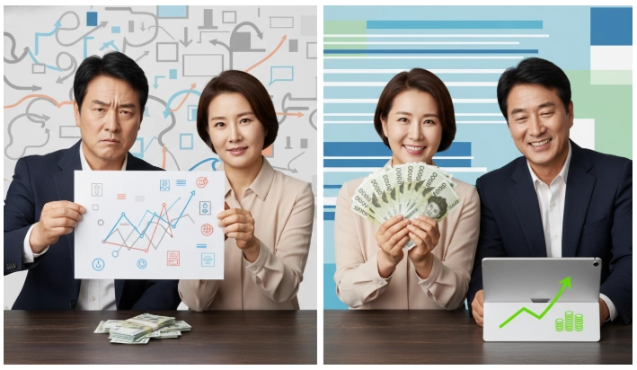 수수료 절감 전후 자산 규모를 비교하는 40대~50대 한국인 부부의 모습. 낮은 수수료로 자산이 증식된 미래에 미소 짓고 있다.