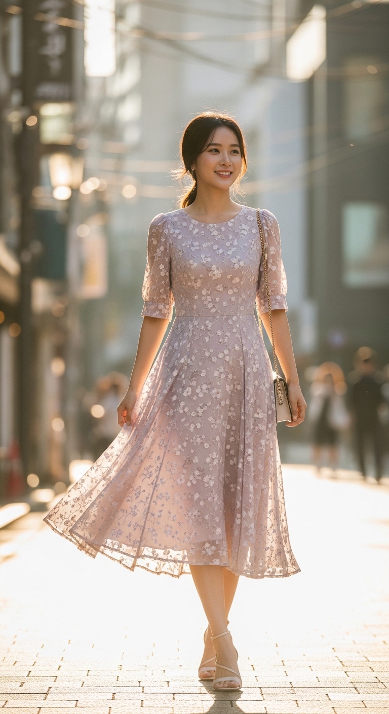바람에 살짝 흩날리는 플레어 미디 원피스
