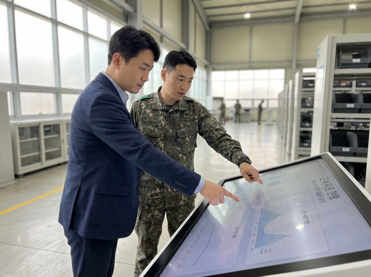 현대적인 군 물류 센터에서 전문적인 복장을 한 남성 군무원과 정복을 입은 군인이 대형 모니터의 데이터를 함께 분석하며 업무를 논의하는 모습.