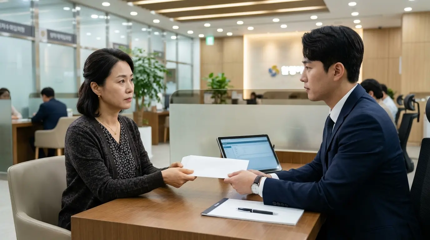 정돈된 시중 금융회사 상담 창구에서 기혼 전업여성이 자산론 우대 금리를 적용받기 위해 카드 실적 내역서를 조심스럽게 건네는 금융 상담 모습