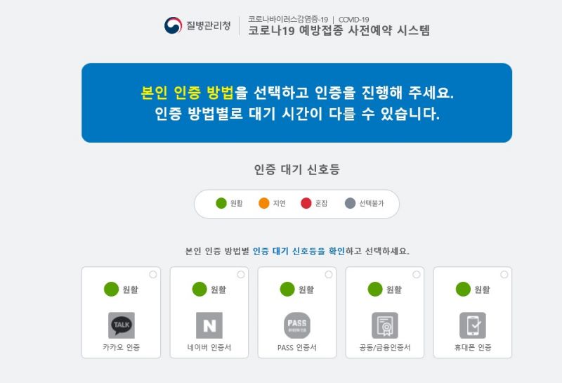 사전예약 시스템에 들어가면 나오는 본인인증방법 카카오 네이버 PASS 금융인증서 휴대폰인증의 방법이 있음