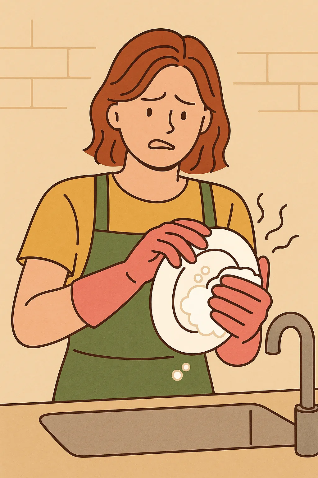 고무장갑을-끼고-설거지를-하면서-손이-미끄러워-당황하는-여성의-일러스트