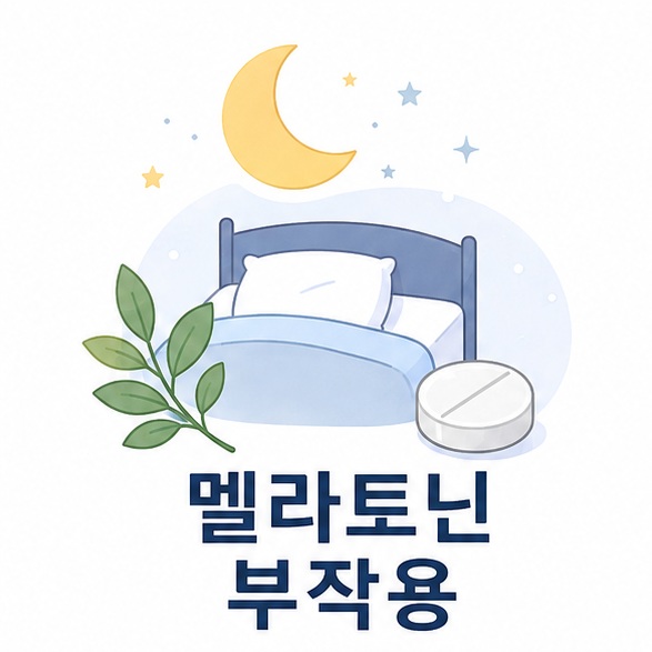 달과 침대, 멜라토닌 정제와 식물 잎을 함께 배치해 멜라토닌 부작용을 설명하는 대표 이미지