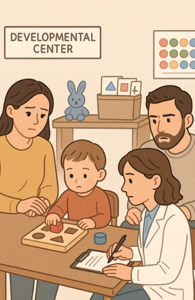 발달검사 중인 아기와 옆에서 지켜보는 부모 모습