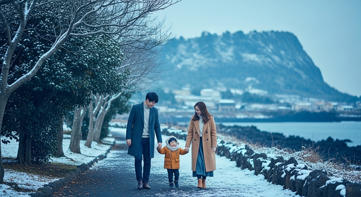 2025년 겨울 제주도에서 따뜻하게 손 잡고 걷는 세 가족의 행복한 모습