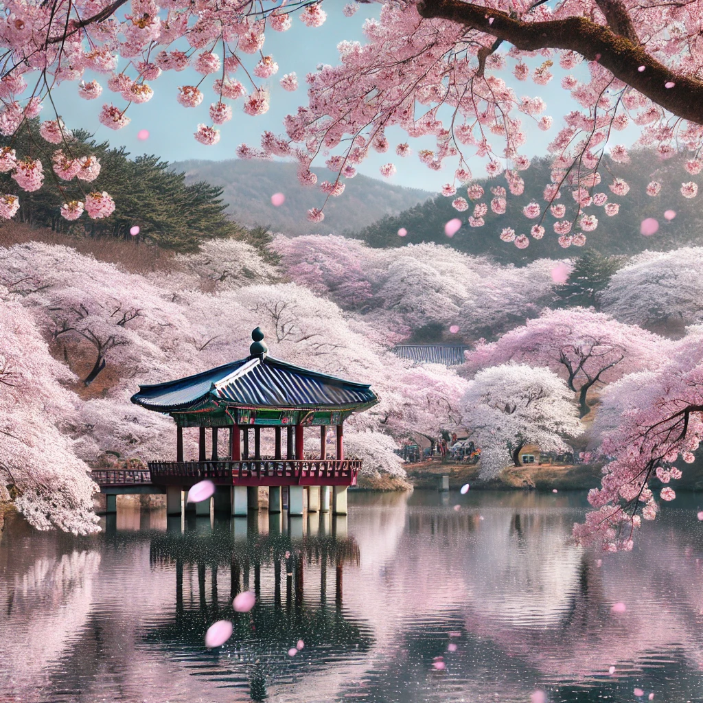 경주 보문단지 호수에 벗꽃이 만발한 사진