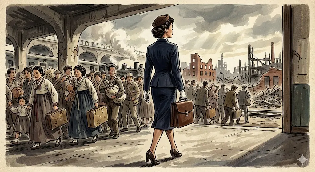 1950년대 무기력한 지식인 남성들과 대비되어 당당하게 서류 가방을 들고 출근길에 나서는 윤상매의 세련되고 주체적인 모습을 그린 일러스트