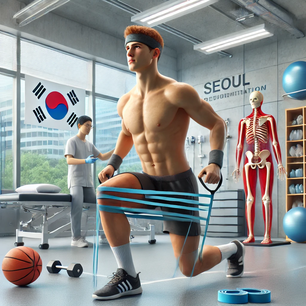 스포츠 부상으로 인해 고관절 재활 치료를 받으며 균형 및 근력 운동을 수행하는 젊은 운동선수