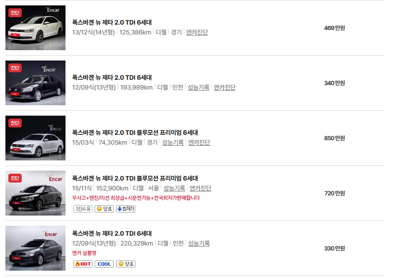 폭스바겐 제타 중고차 가격 시세표 연비