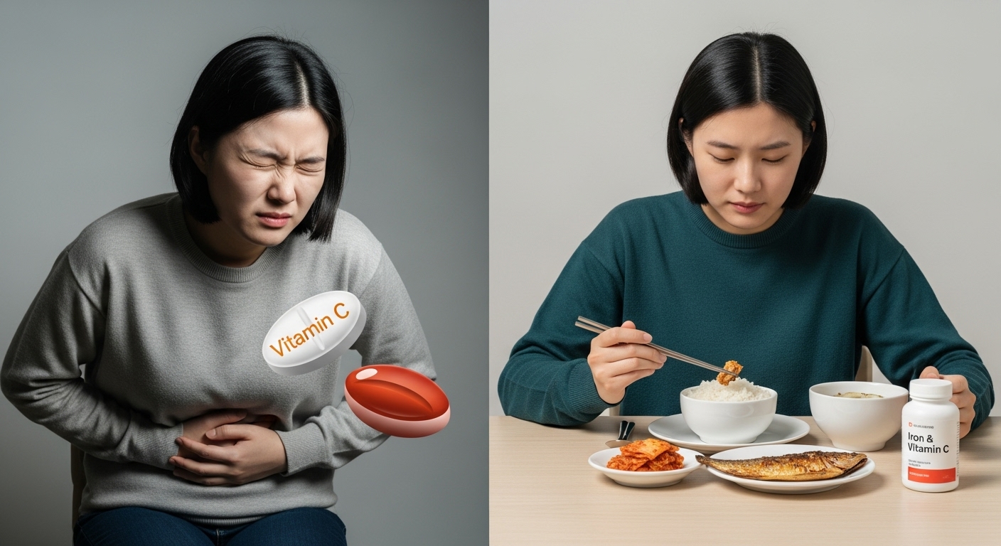 공복에 영양제를 먹고 속이 아픈 모습과 식후에 먹고 편안해진 모습을 비교