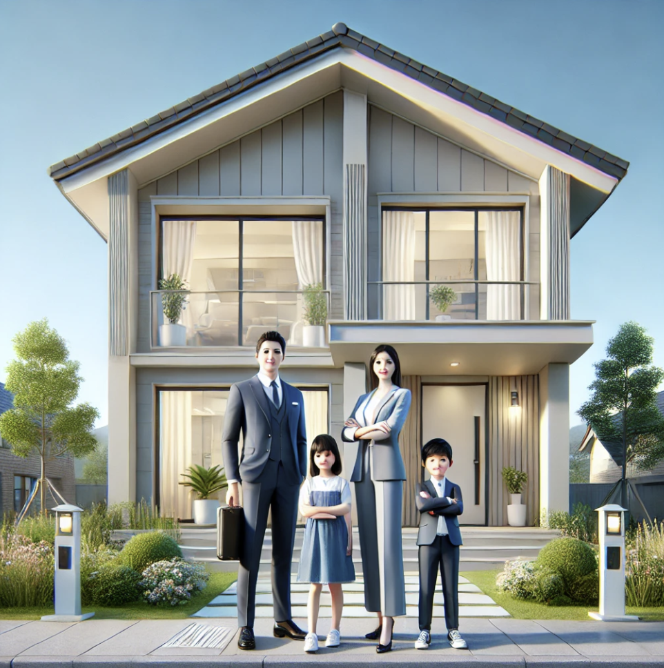 단독주택 앞에서 미소 짓는 가족의 모습