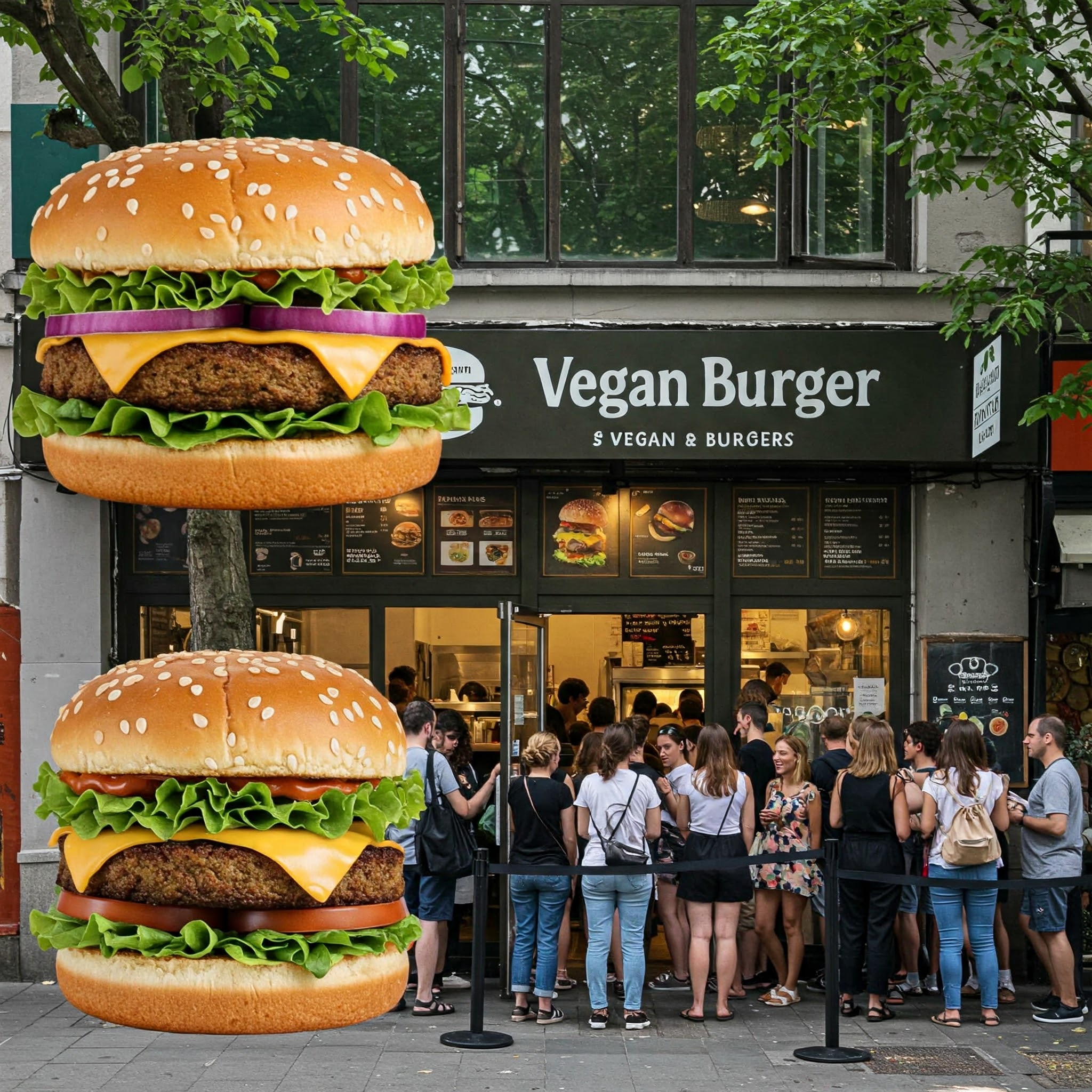 비건 햄버거 가게 앞 긴 줄