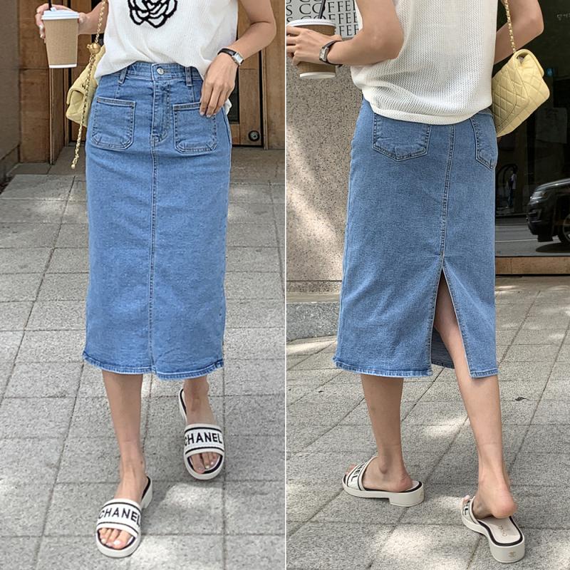 앞포켓 7부 데님스커트 여름 청치마 H라인 스판 밴딩 롱스커트