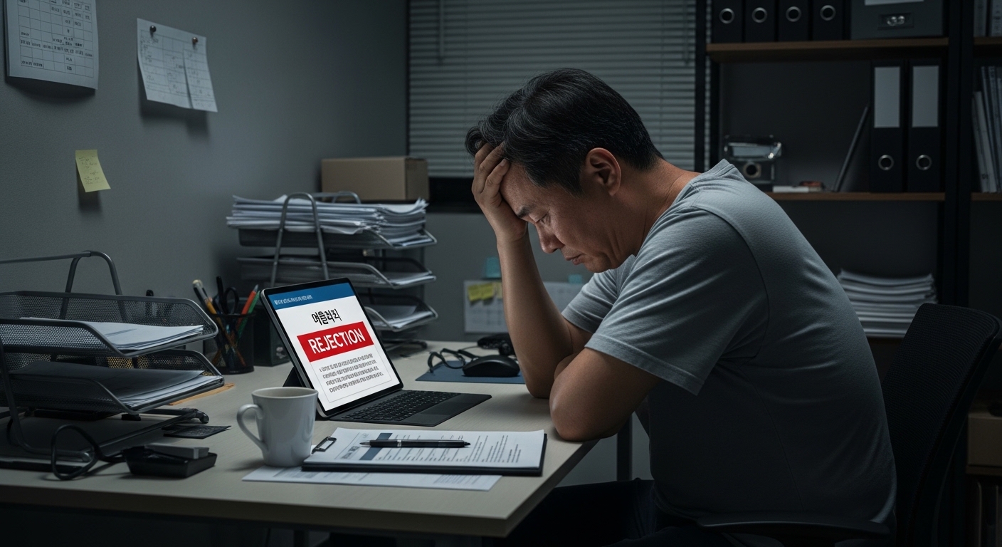 한글로 표시된 신청 탈락 결과를 확인하는 한국 소상공인 모습