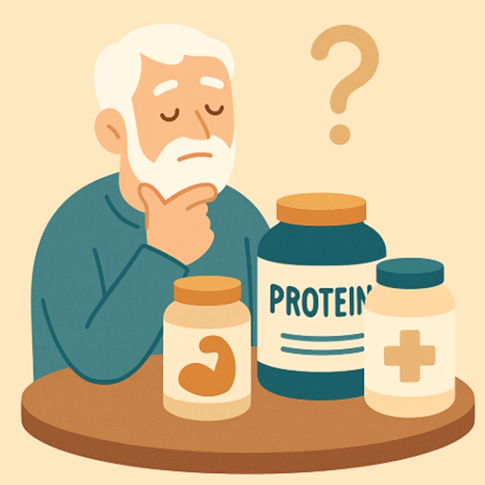 단백질 보충제를 들고 미소 짓고 있는 노년 남성의 모습으로, 고령자를 위한 건강한 단백질 선택을 나타낸 플랫 스타일 일러스트
