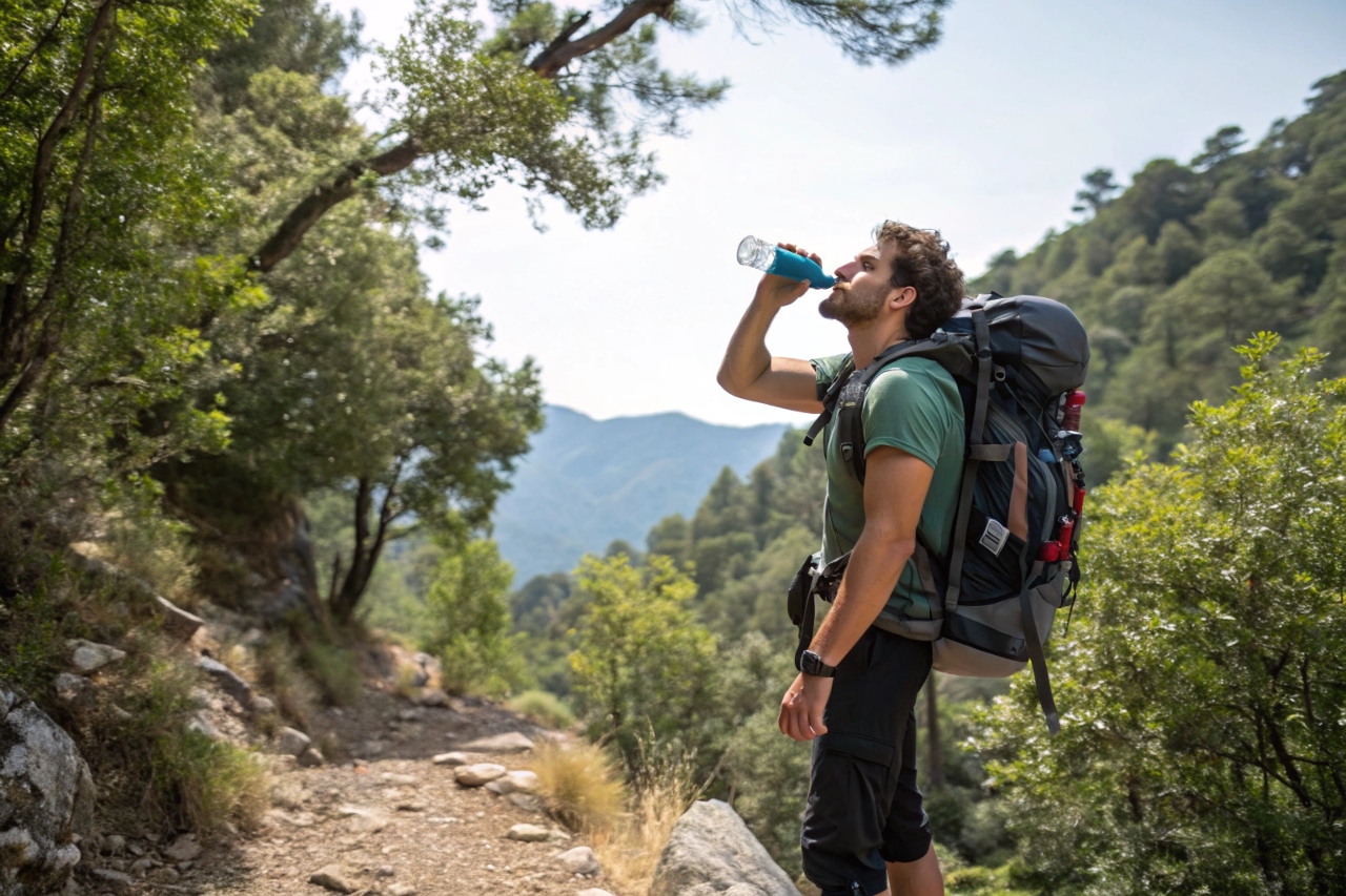 등산하면서 물 마시는 남성