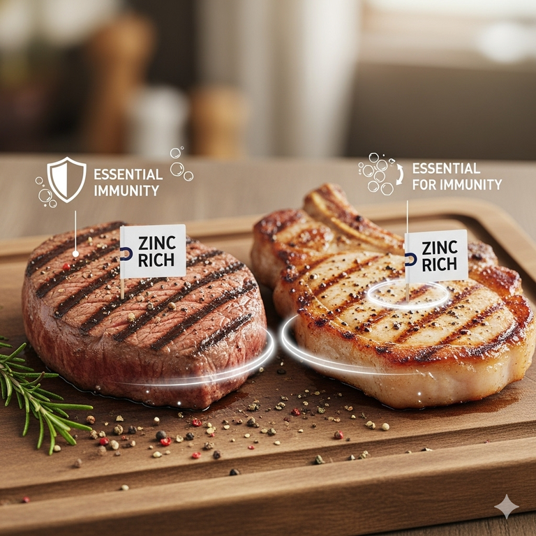 소고기와 돼지고기는 면역력에 필수적인 아연을 제공합니다.