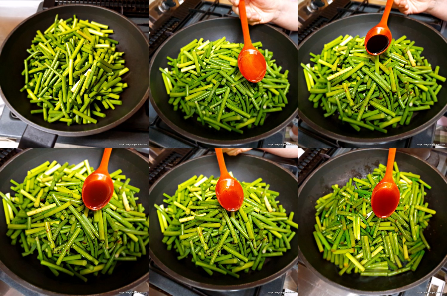 맛있는 마늘종 새우 볶음을 하기 위해 식용유 2T, 간장 2T, 멸치 액젓 2T, 참치액 1/2T를 고루 뿌리는 사진