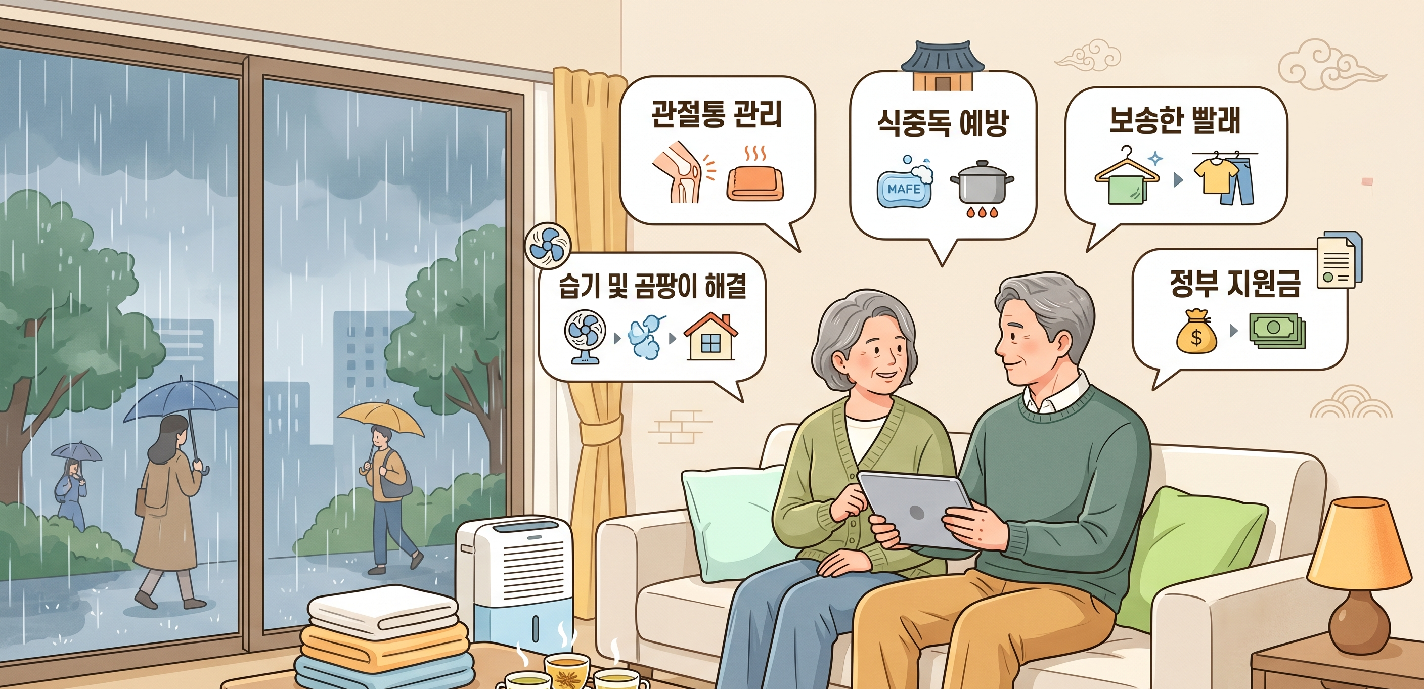 비가 오는 창밖 풍경을 배경으로 거실 소파에 앉아 태블릿을 보며 대화하는 50대 부부. 태블릿 화면에는 '장마철 건강 관리 및 주택 관리 팁'이라는 제목이 보인다. 부부는 따뜻한 차를 마시고 있으며, 테이블 위에는 제습기와 수건이 놓여 있다