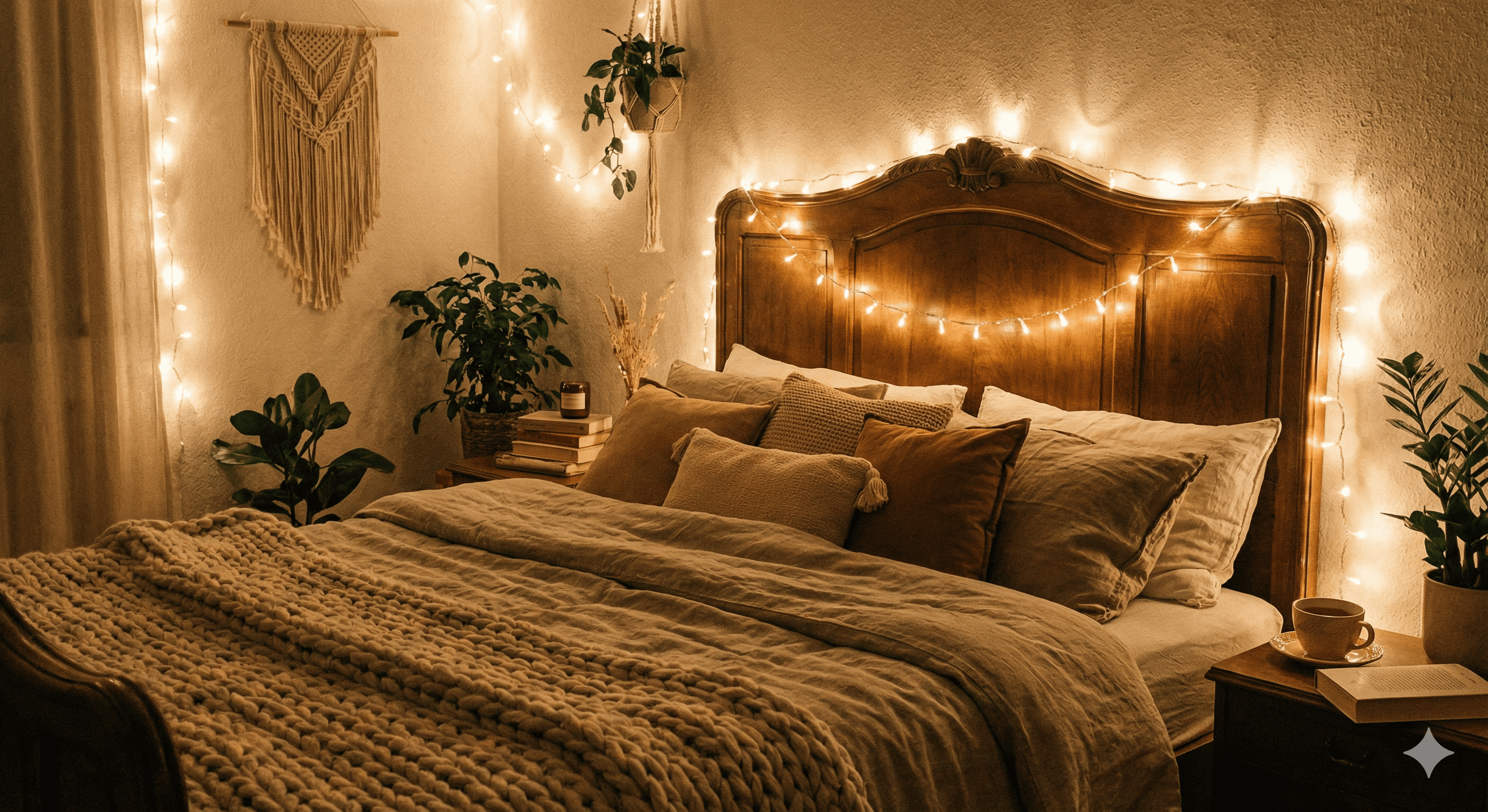 bedroom decorated with string lights and cozy ambiance