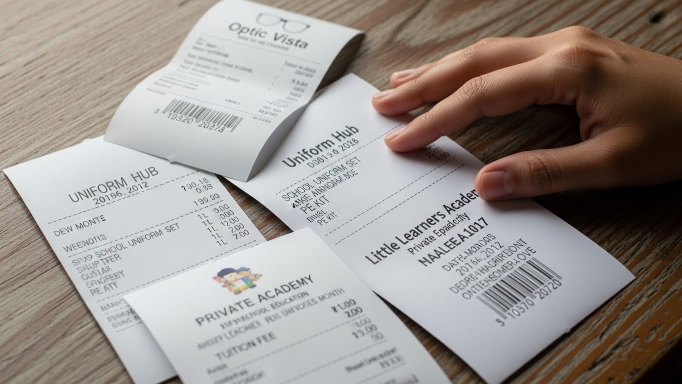 안경, 교복, 미취학 아동 학원비 등 국세청 간소화 서비스에서 누락되기 쉬운 종이 영수증을 정리하는 모습