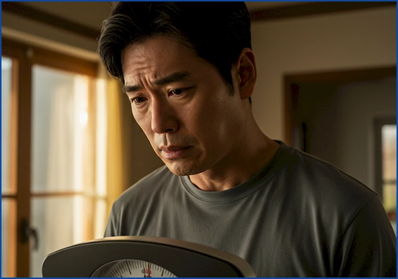 체중계 위에서 의도치 않은 체중 감소로 인해 걱정하는 표정을 짓고 있는 중년 남성. 이는 당뇨 초기증상 중 하나일 수 있다.