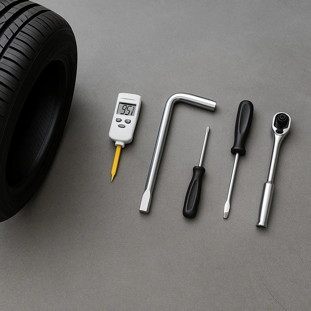정비소 작업대 위 타이어 게이지와 공구들