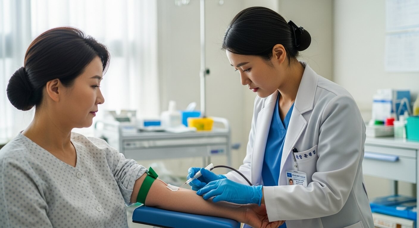 병원에서 여성 환자가 혈액 검사를 위해 팔에서 채혈을 받고 있는 모습