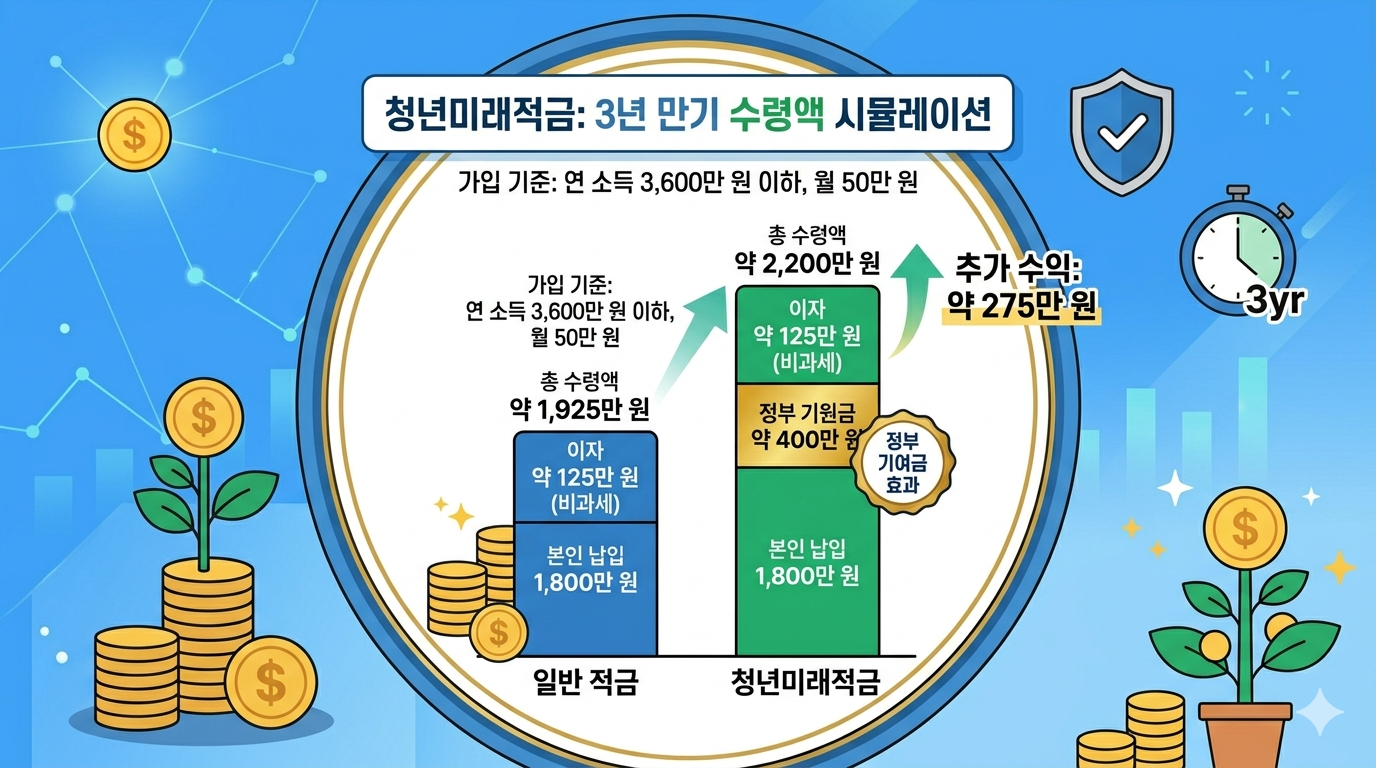 청년미래적금 3년 만기 수령액 시뮬레이션 및 일반 적금 금리 비교 그래프
