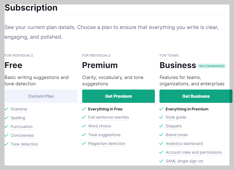 그래머리 구독 서비스 종류 사진