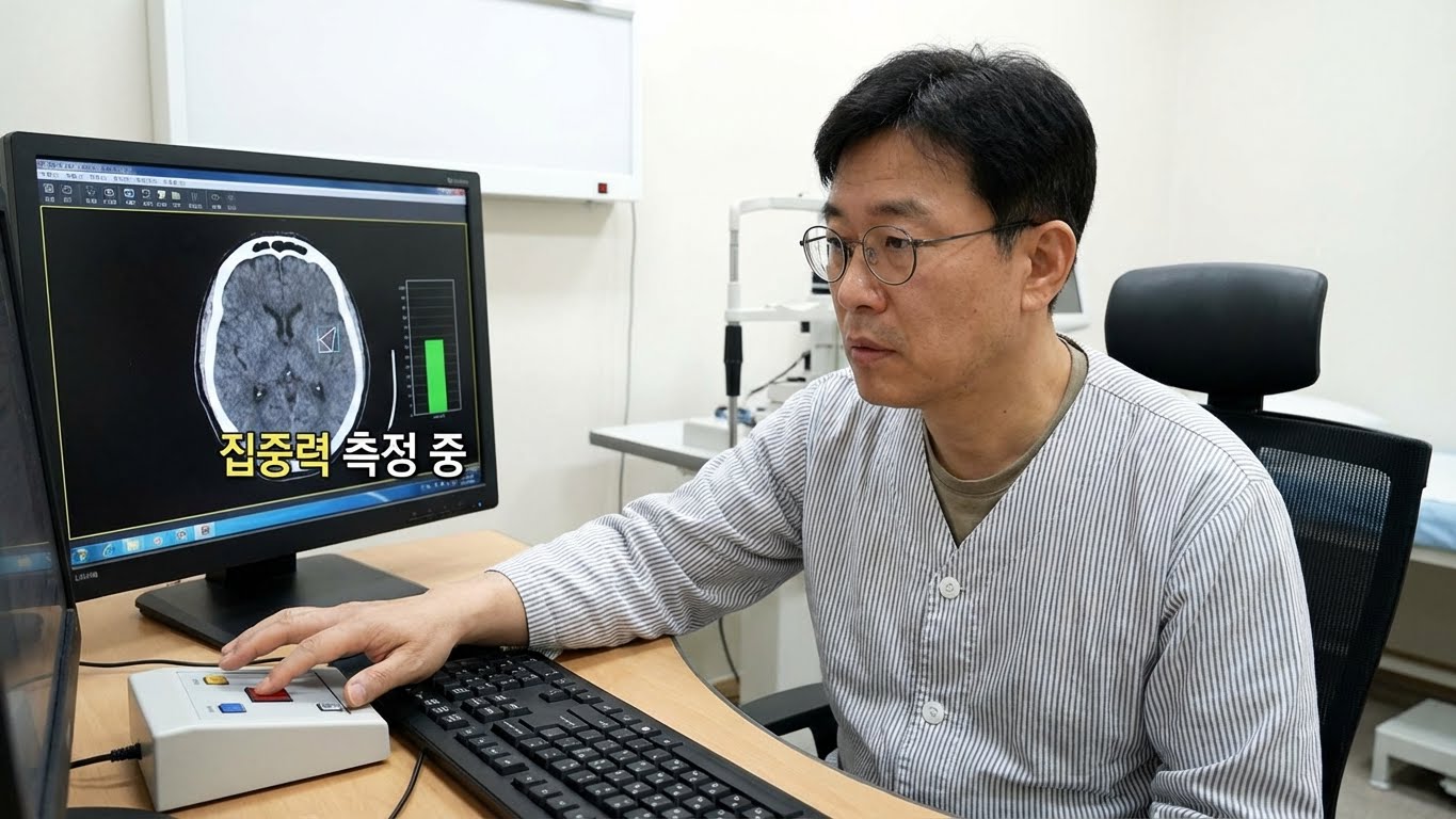 환자가 컴퓨터 모니터 앞에 앉아 CAT 검사(도형이 나올 때 버튼을 누르는 테스트)를 집중해서 받고 있는 모습