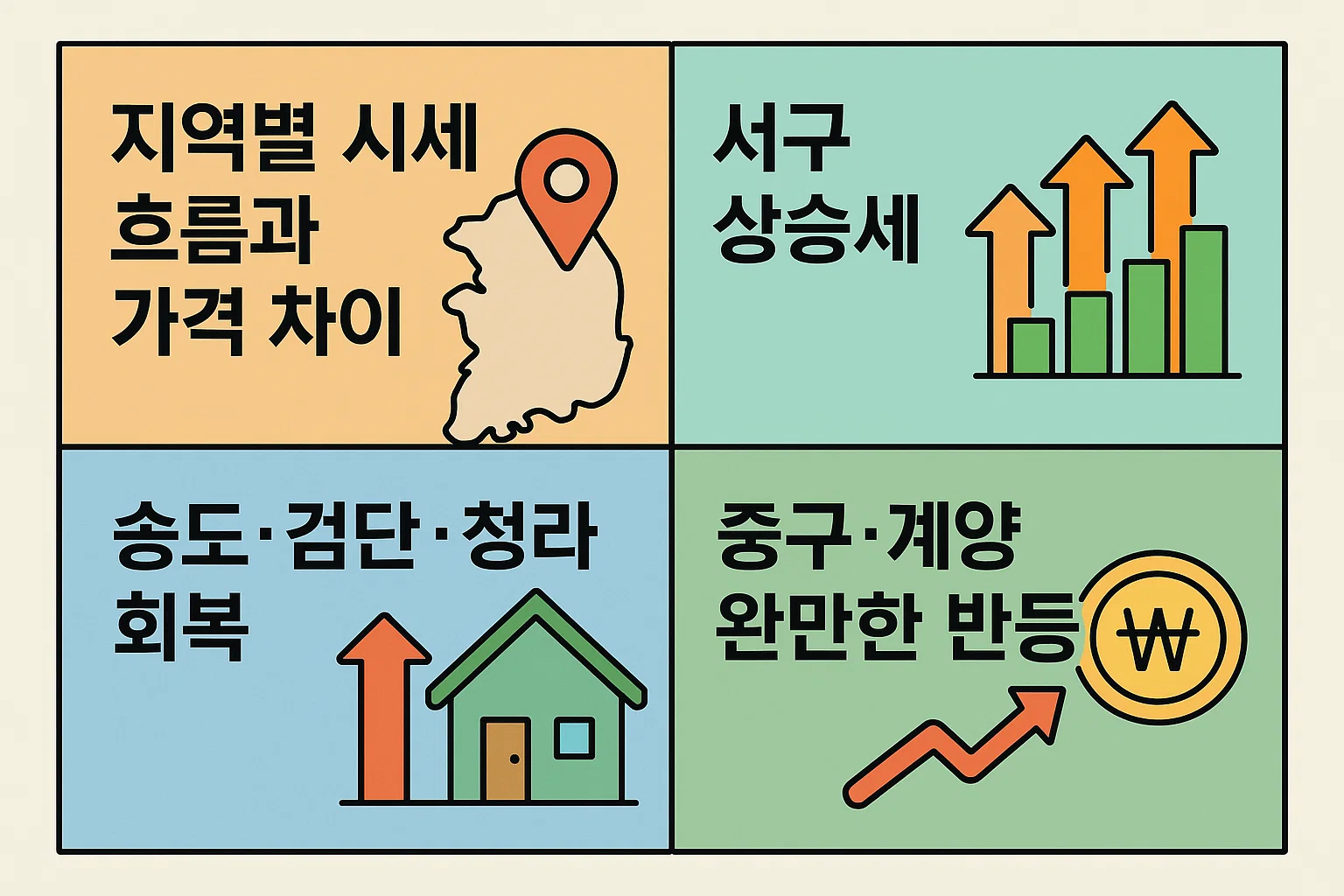 인천 서구의 상승세와 송도&middot;검단&middot;청라의 회복세, 중구&middot;계양의 완만한 반등 흐름을 시각화한 인천아파트 매매시장 지역별 시세 인포그래픽입니다.
