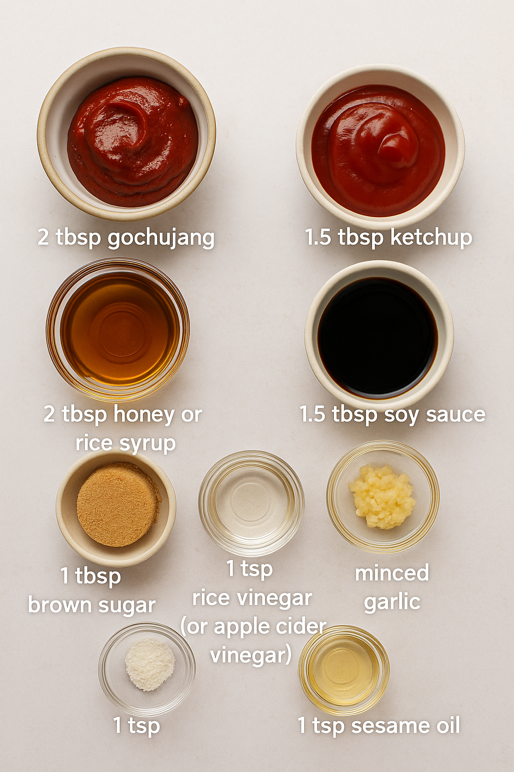 Eight labeled ingredients for Korean gochujang chicken sauce including gochujang, ketchup, soy sauce, honey or rice syrup, brown sugar, vinegar, minced garlic, and sesame oil