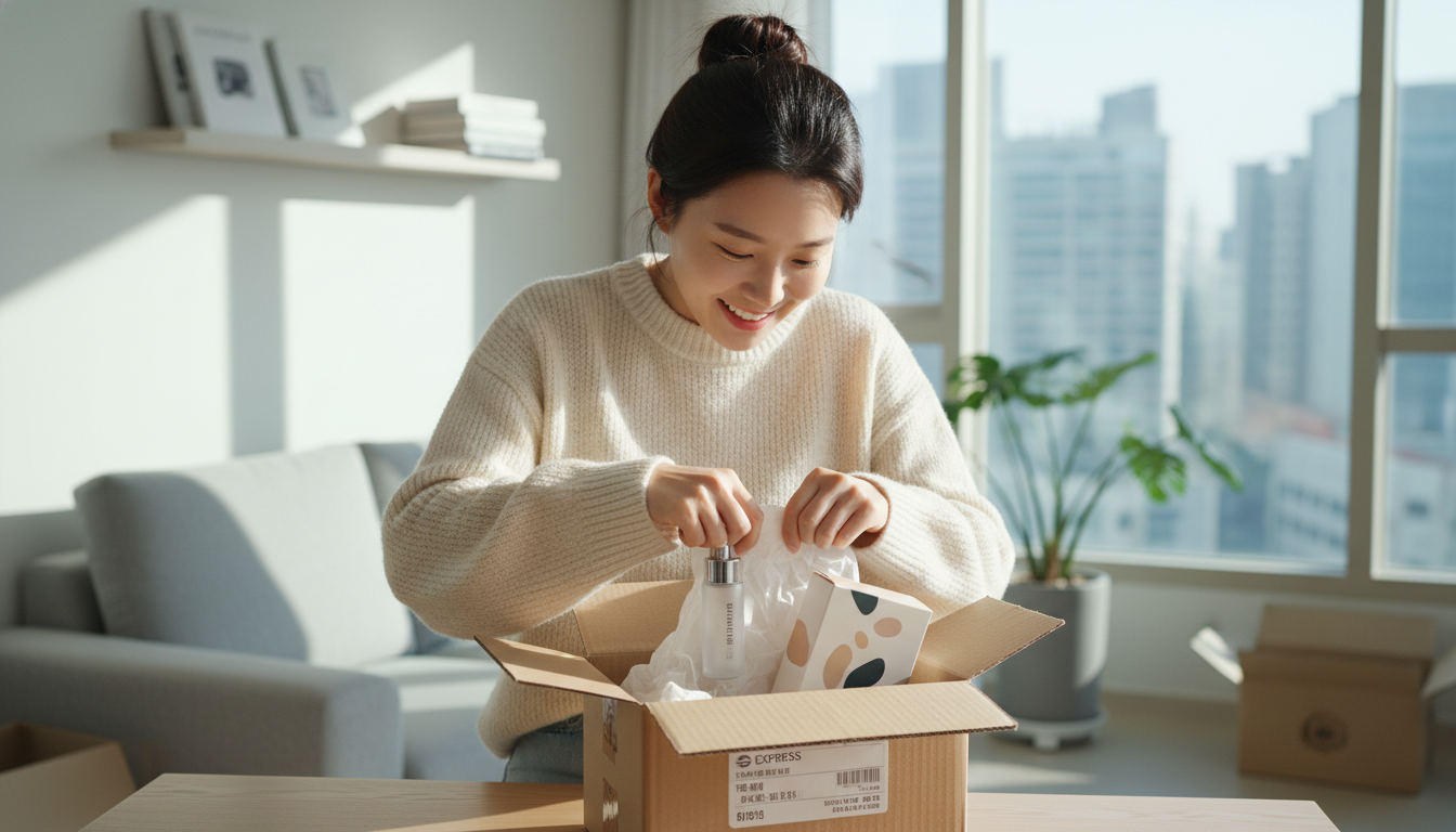 쿠팡 와우 해외직구 상품을 만족스럽게 언박싱하는 한국 여성