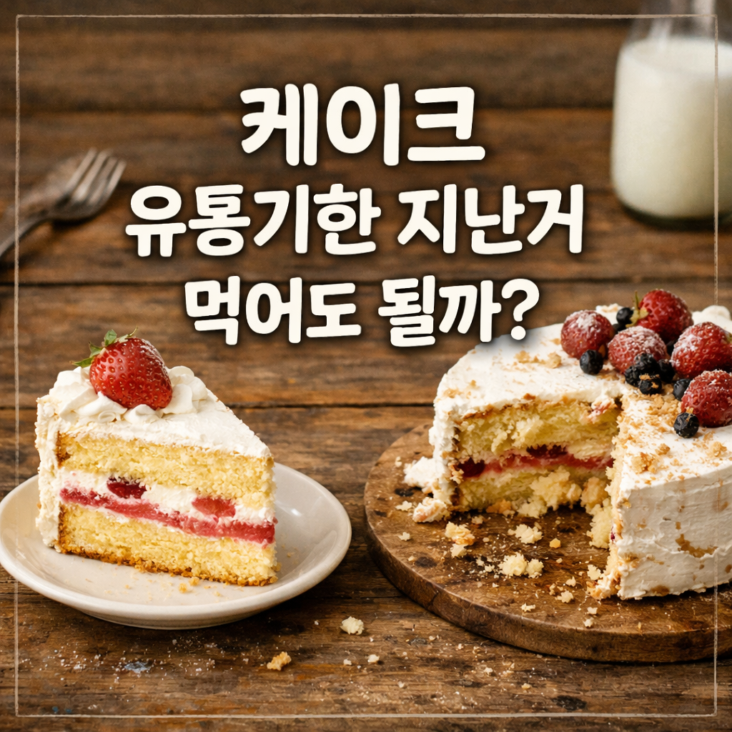 유통기한 지난 케이크를 먹어도 되는지 궁금해하는 문구가 가운데에 있고, 나무 테이블 위에 딸기 생크림 케이크 한 조각과 일부 잘린 케이크가 함께 놓인 정사각형 이미지